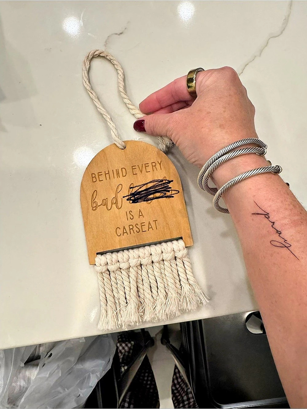 Behind Every Bad Is A Carseat Macrame Car Charm Beige & Brown